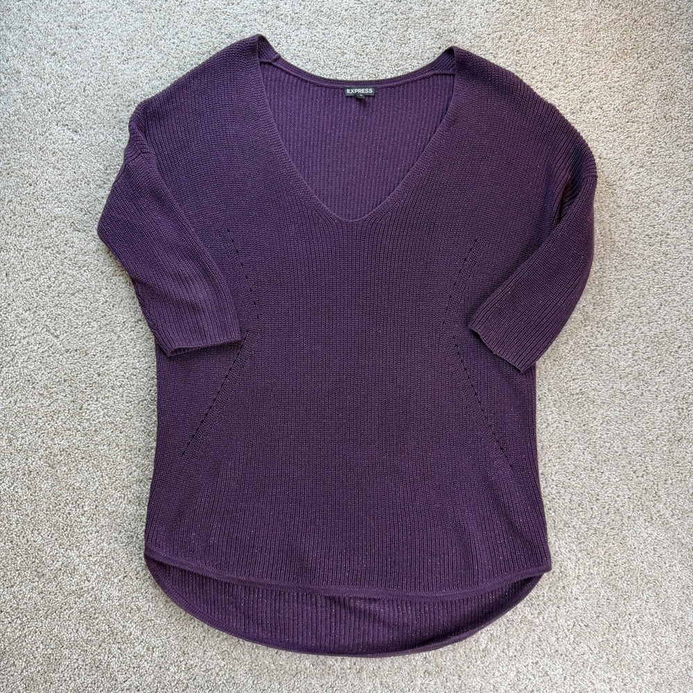 Express Sweater Womens Medium Purple V Neck Dolman 3/4 Sleeve Glitter Knit Tunic